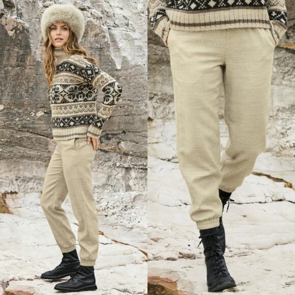 Peruvian Connectio Virgin Wool Flannel Joggers Cream Medium Fall Cozy Lounge - Picture 1 of 7